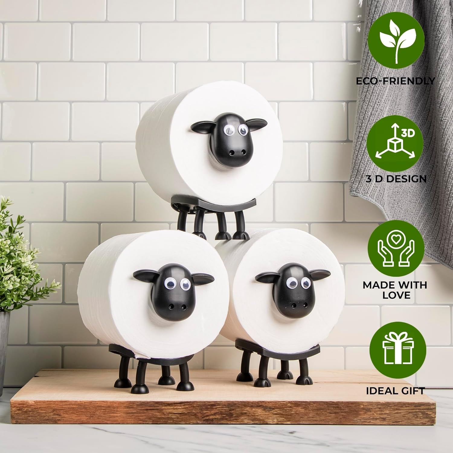 Sheep Toilet Roll Holder - Funny Toilet Paper Holders Free Standing Cute Bathroom Decor - Premium 3D Printed Black Sheep Loo Rolls Holder - Hilarious Tissue Paper Roll Storage - Set of 3