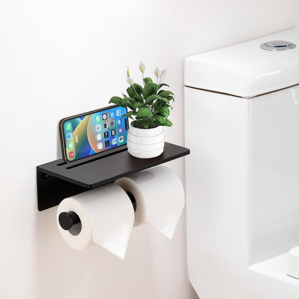 Toilet Paper Holder - Aluminium Double Roll Toilet Tissue Holder with Mobile Phone Shelf for Bathroom, 3M Self Adhesive No Drilling or Wall-Mounted with Screws, Rustproof Modern Style Black
